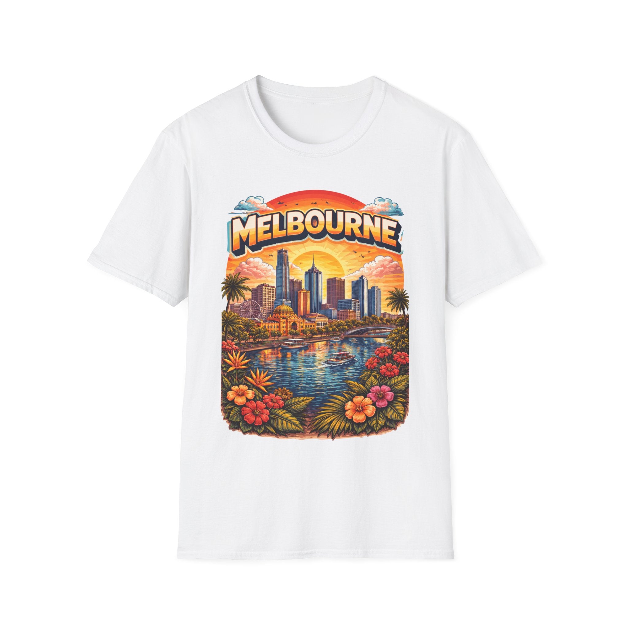 Melbourne Vintage Sunset T-Shirt — Retro Cityscape Tee