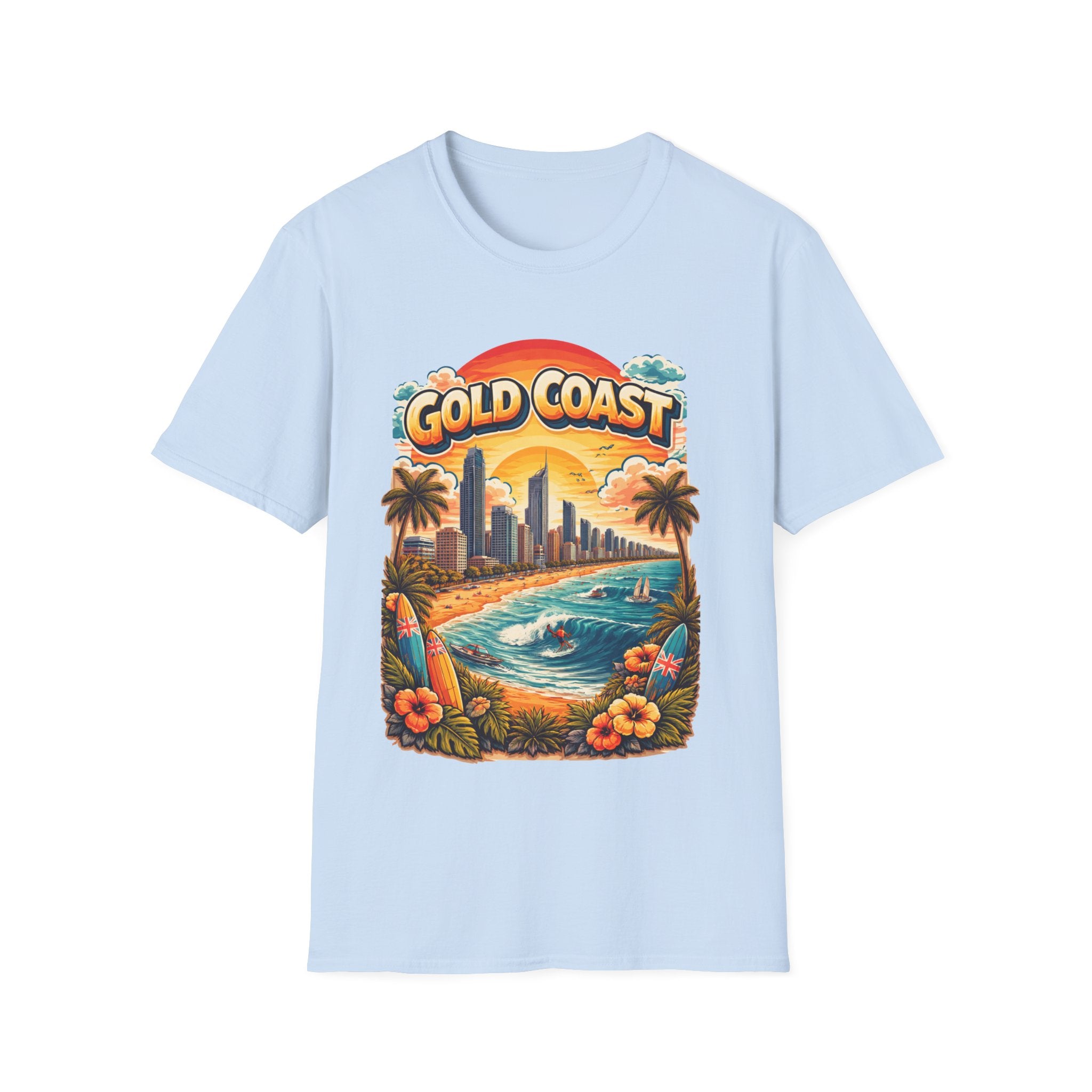 Gold Coast Surf Scene T-Shirt — Retro Beach Sunset Graphic