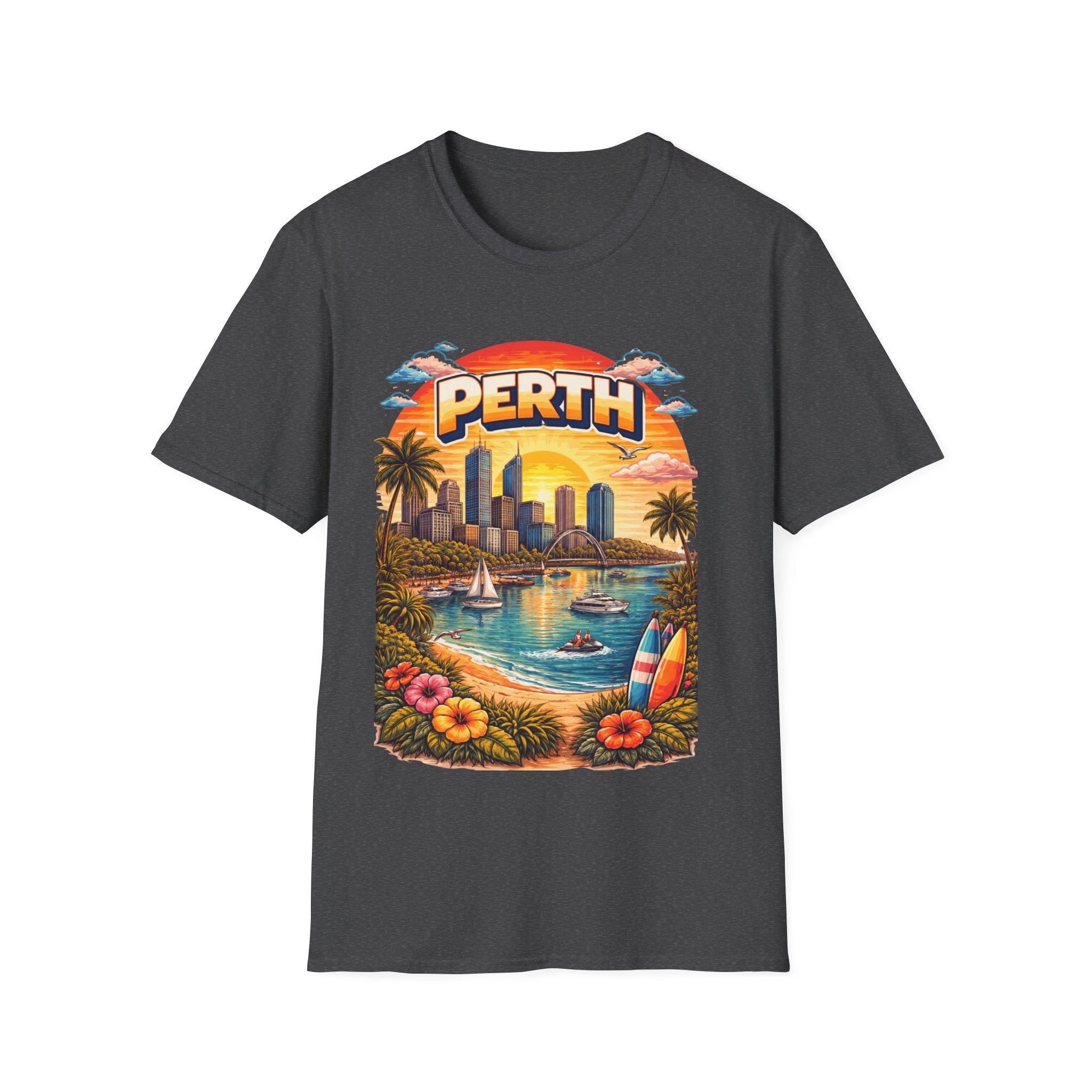 Perth Sunset Beach T-Shirt — Retro Coastal Cityscape Tee
