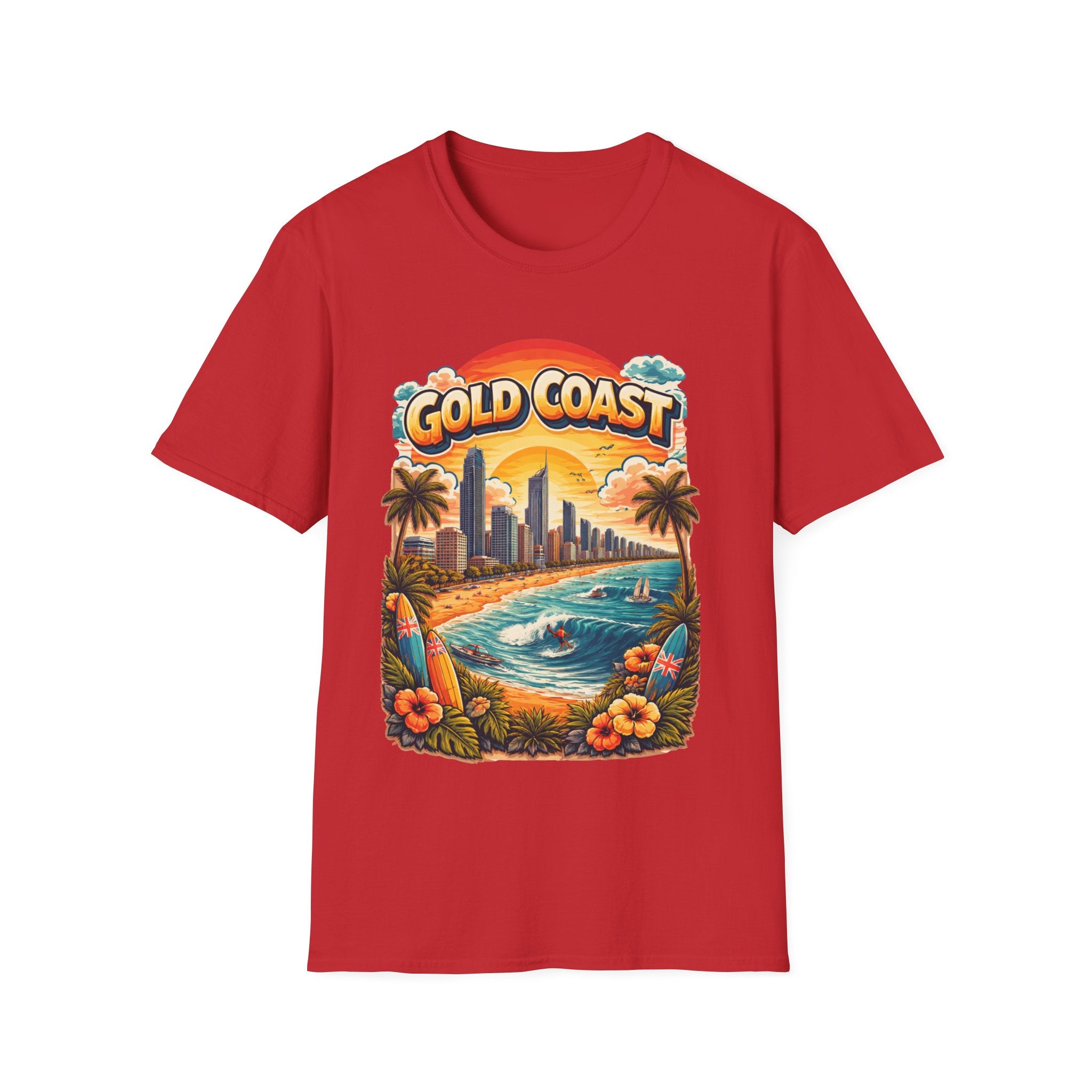 Gold Coast Surf Scene T-Shirt — Retro Beach Sunset Graphic