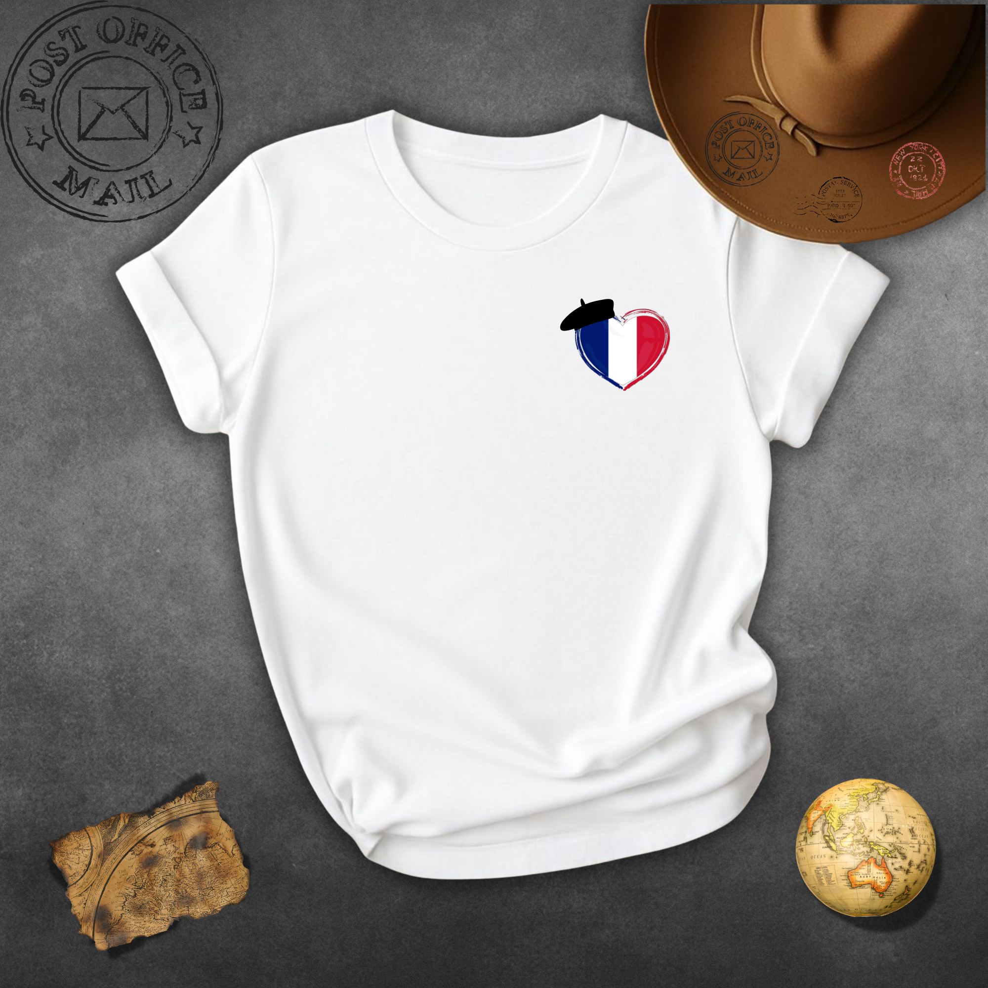 France Heart Flag Chest Pocket T-Shirt — French Pride Tee with Beret Accent