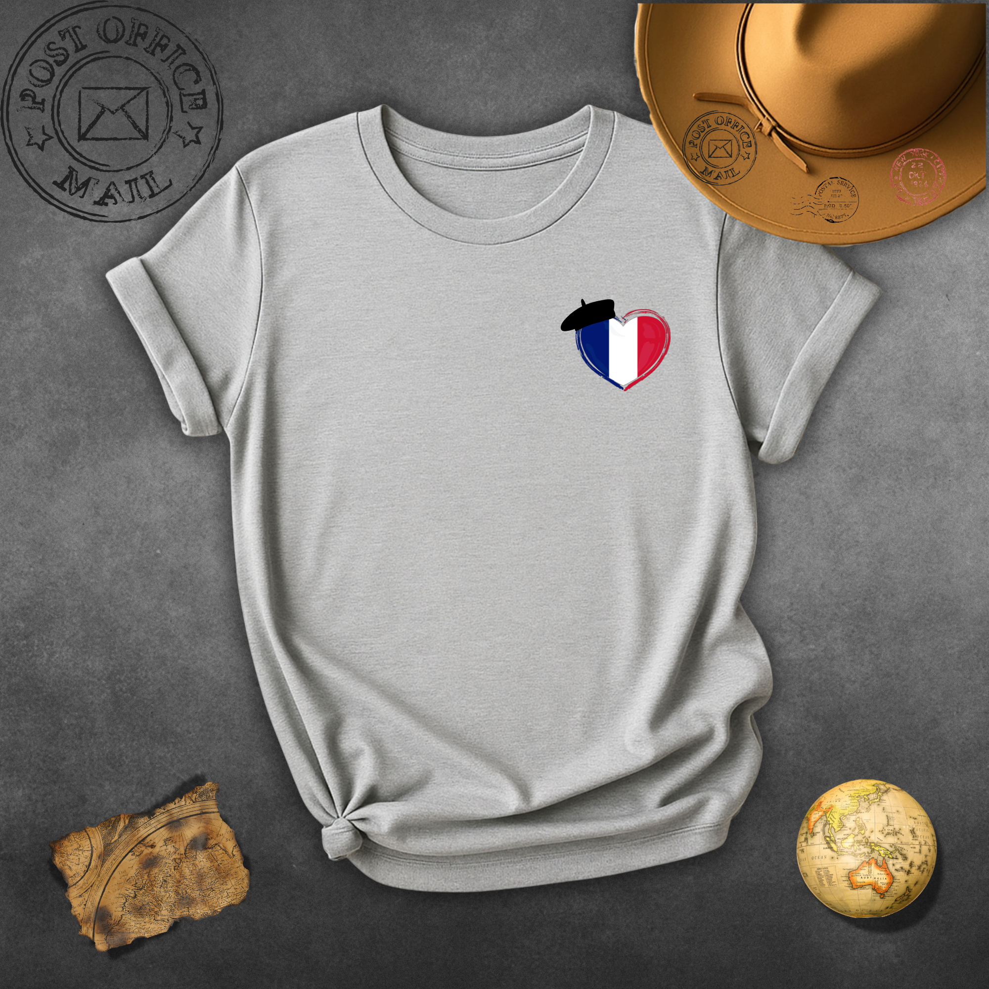 France Heart Flag Chest Pocket T-Shirt — French Pride Tee with Beret Accent