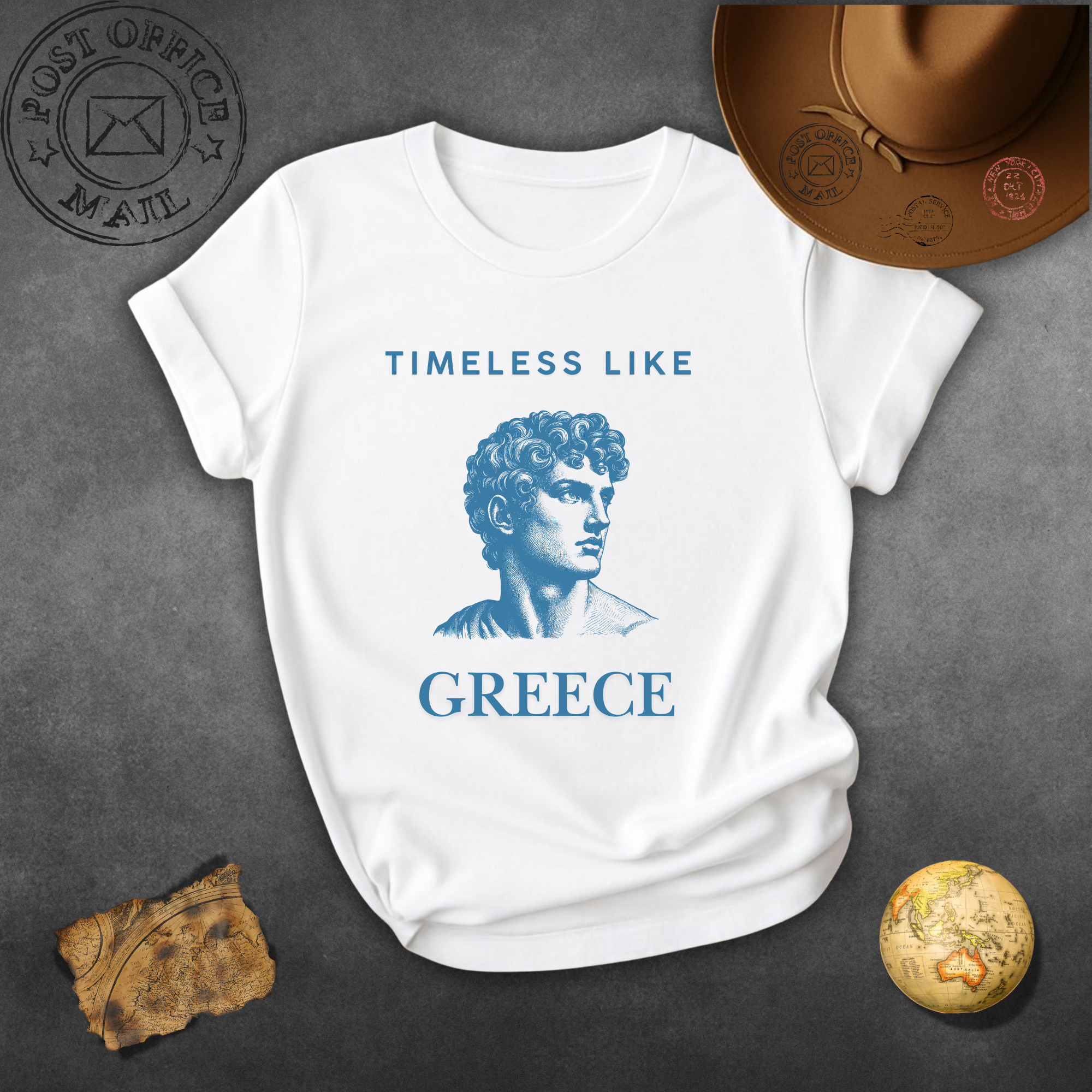 Timeless Like Greece Blue T-Shirt — Greek Statue Travel Tee