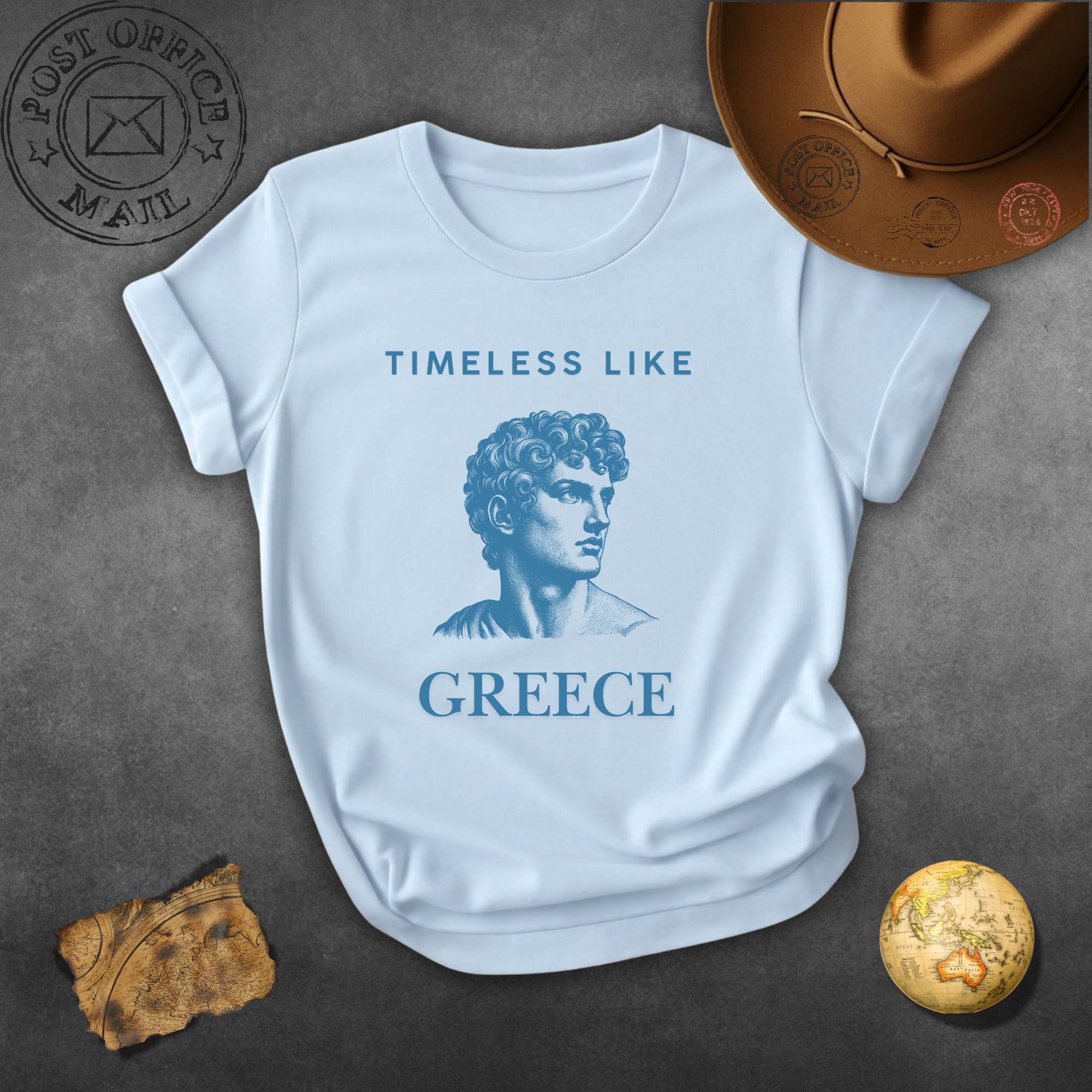 Timeless Like Greece Blue T-Shirt — Greek Statue Travel Tee