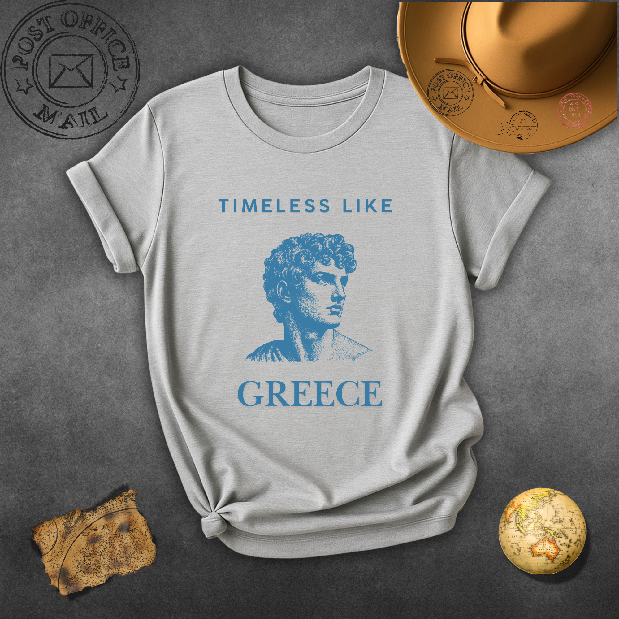 Timeless Like Greece Blue T-Shirt — Greek Statue Travel Tee