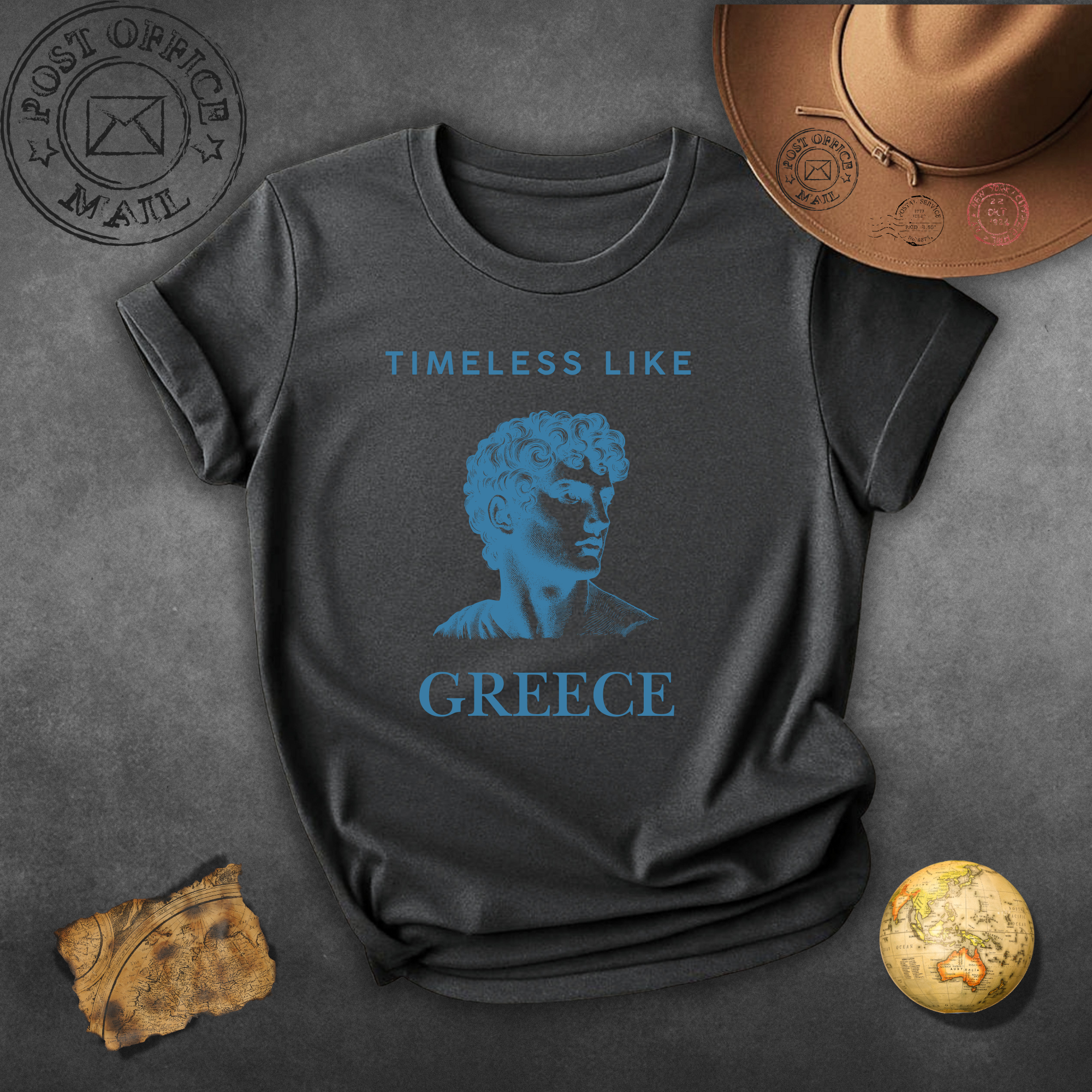 Timeless Like Greece Blue T-Shirt — Greek Statue Travel Tee
