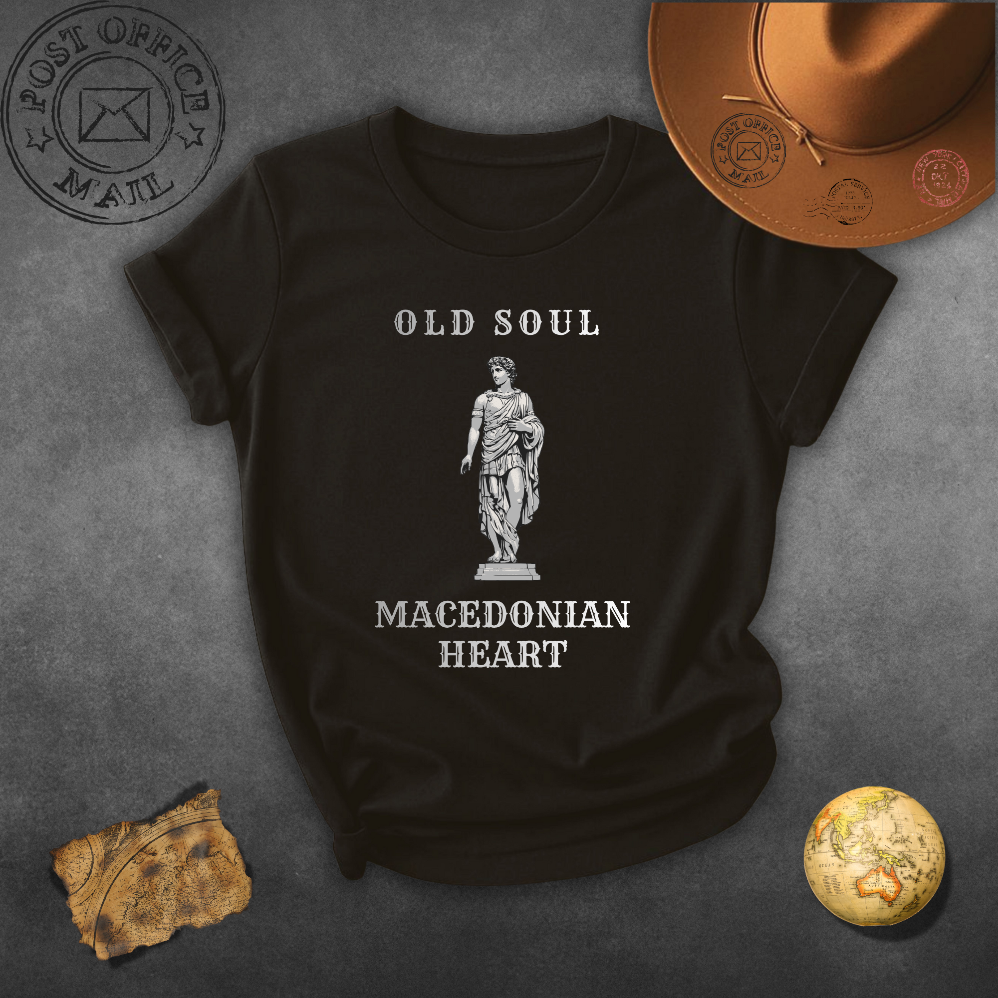 Macedonian Heart Grey T-Shirt — "Old Soul" Vintage Statue Tee