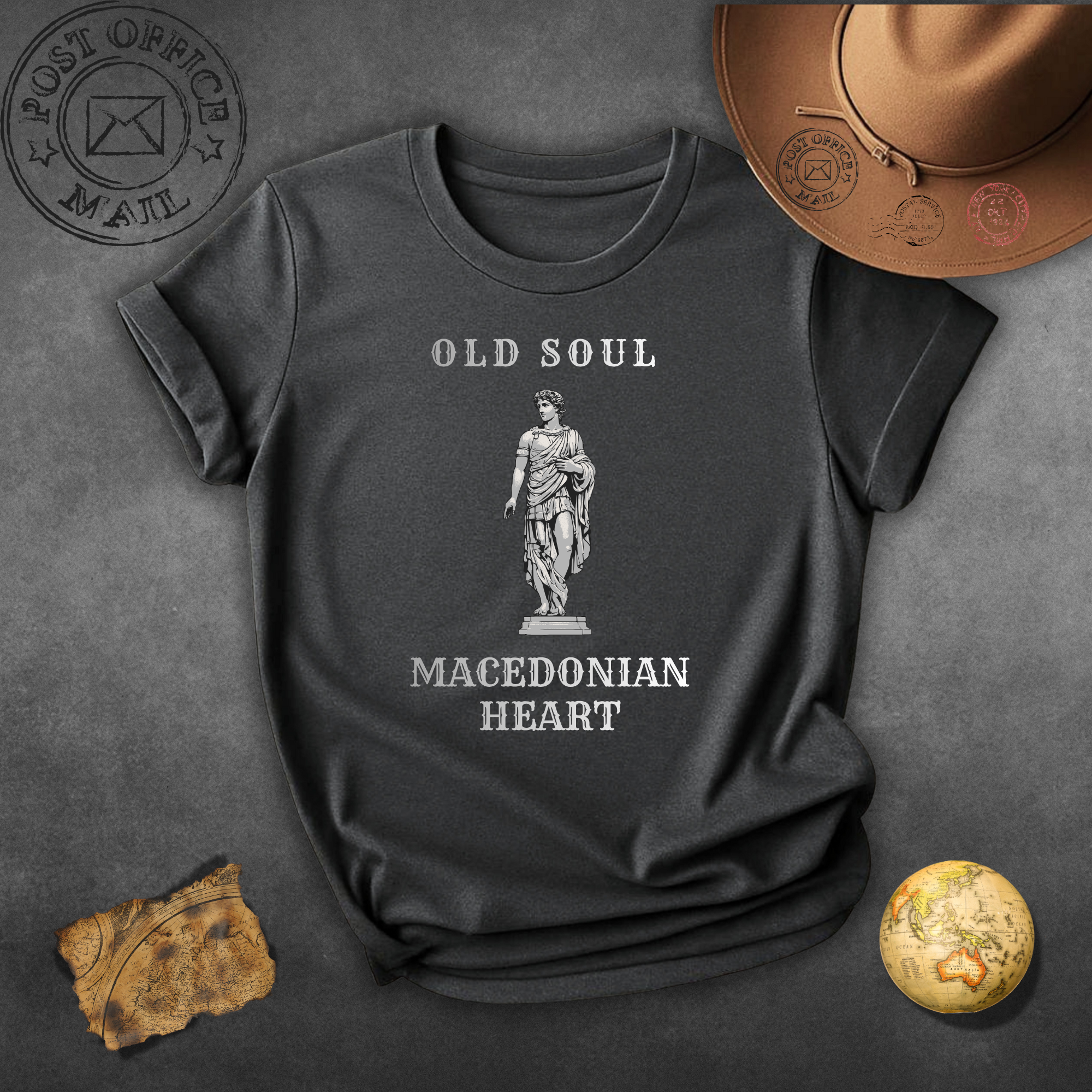 Macedonian Heart Grey T-Shirt — "Old Soul" Vintage Statue Tee