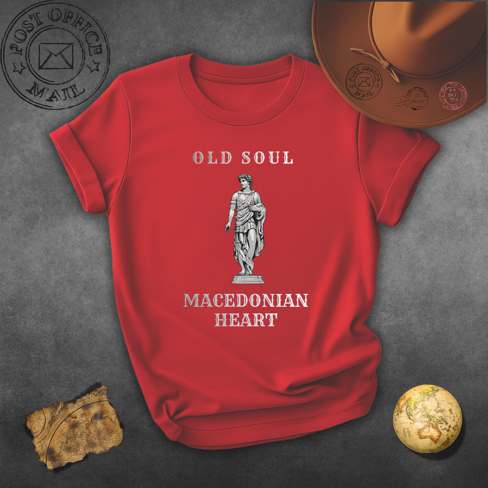 Macedonian Heart Grey T-Shirt — "Old Soul" Vintage Statue Tee