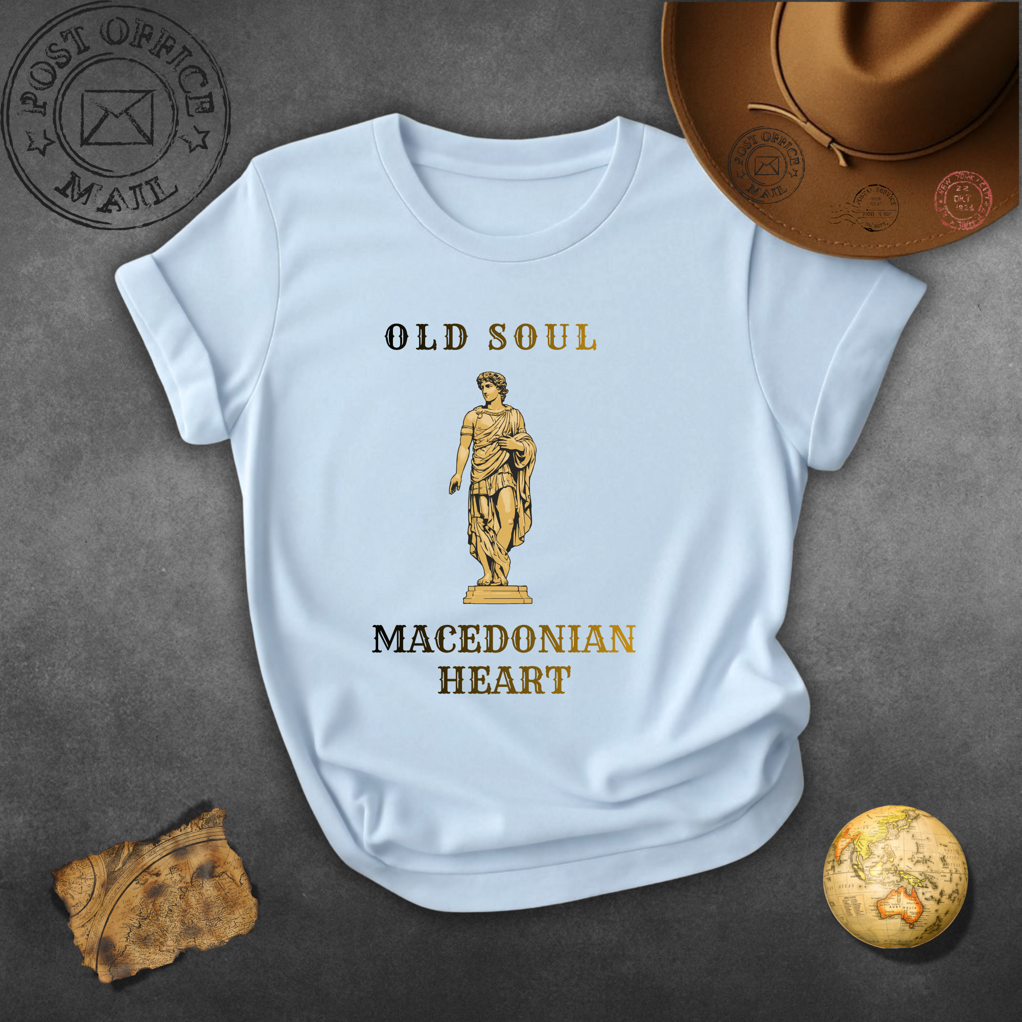 Macedonian Heart Golden T‑Shirt — "Old Soul" Statue Graphic Tee