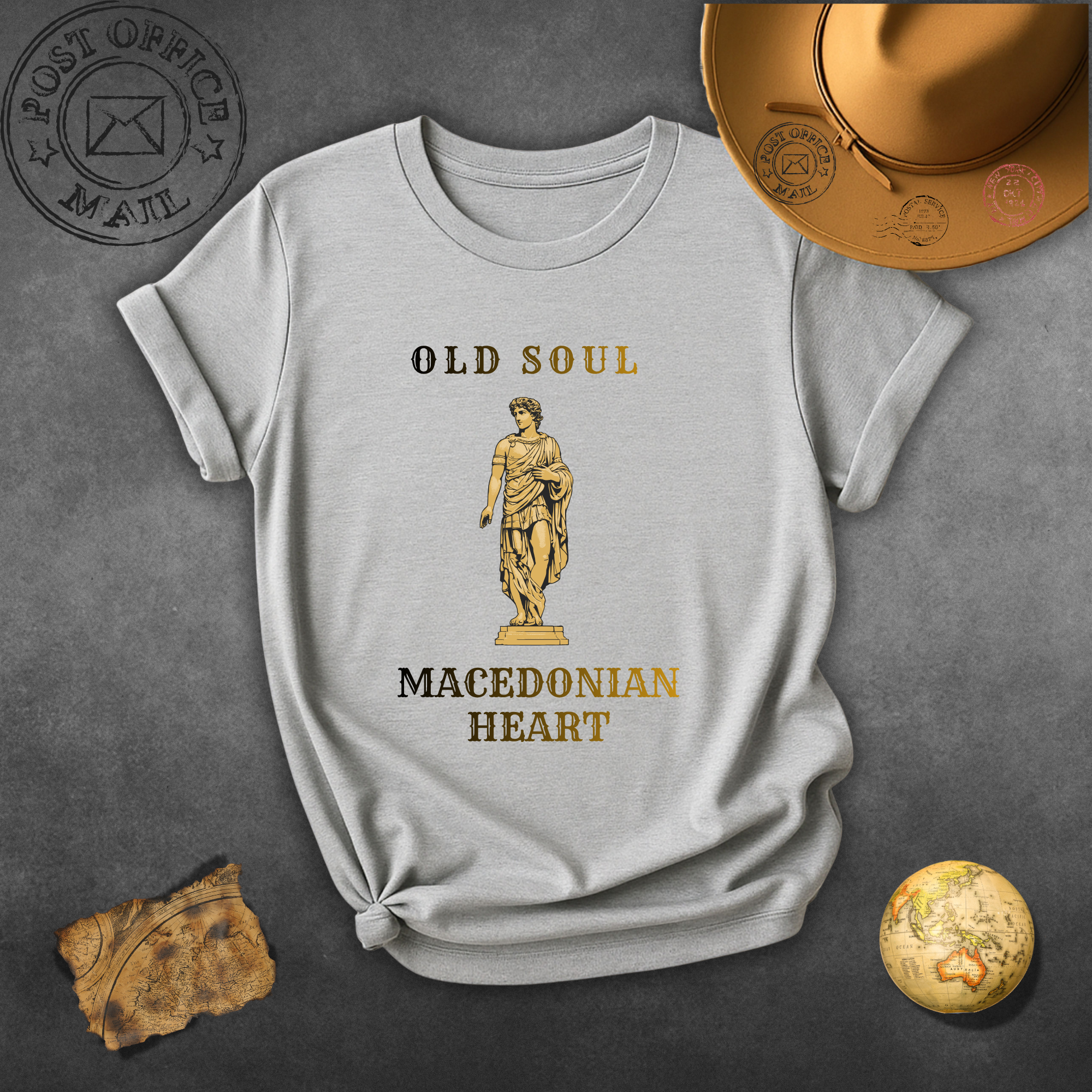 Macedonian Heart Golden T‑Shirt — "Old Soul" Statue Graphic Tee