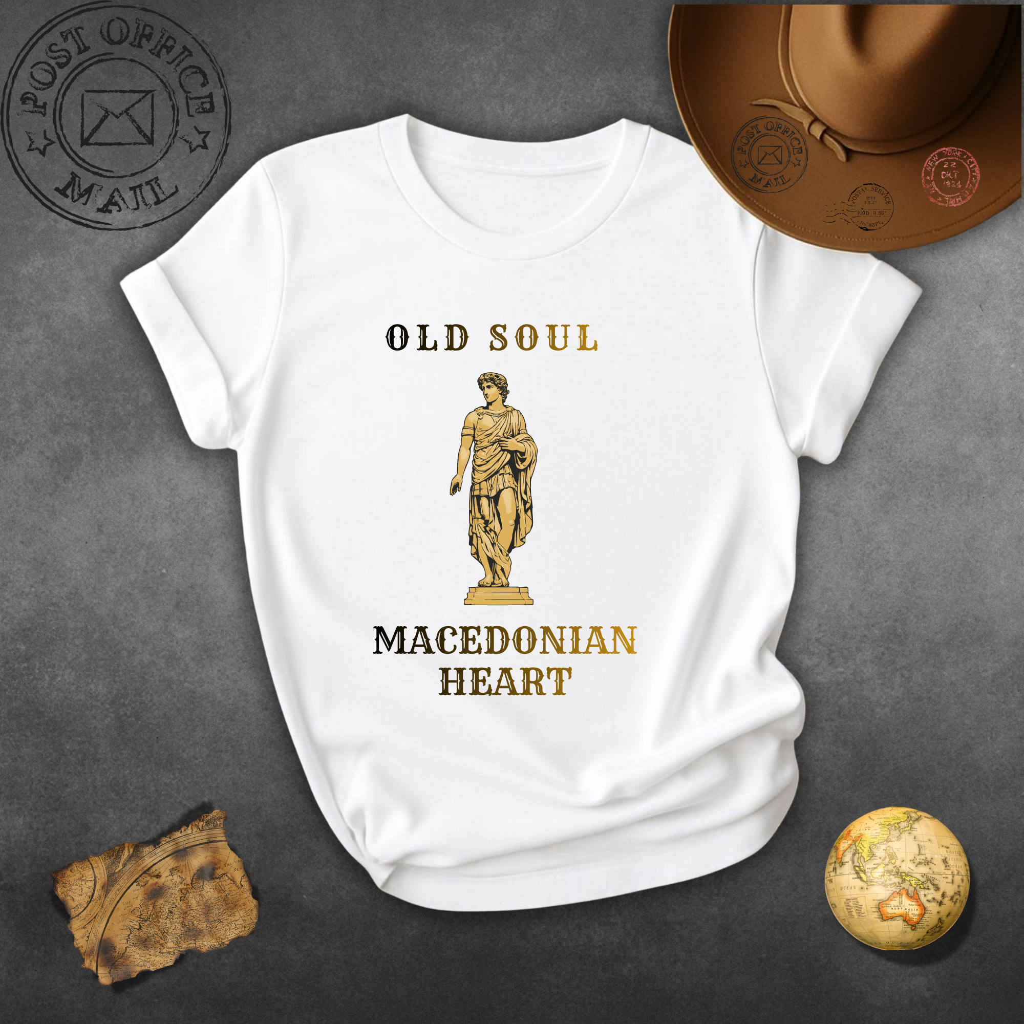 Macedonian Heart Golden T‑Shirt — "Old Soul" Statue Graphic Tee