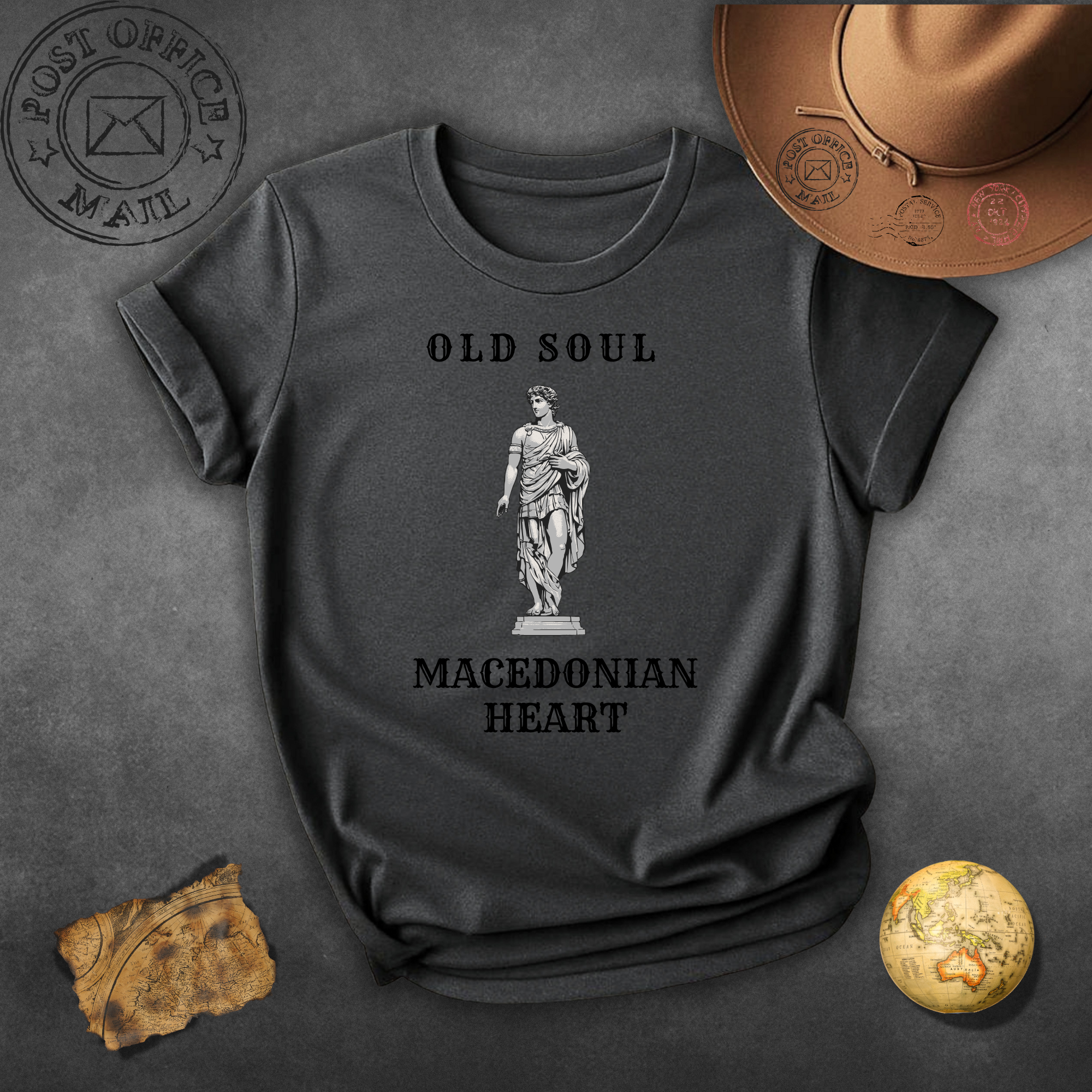 Macedonian Heart 'Old Soul' Black T-Shirt — Vintage Statue Graphic Tee