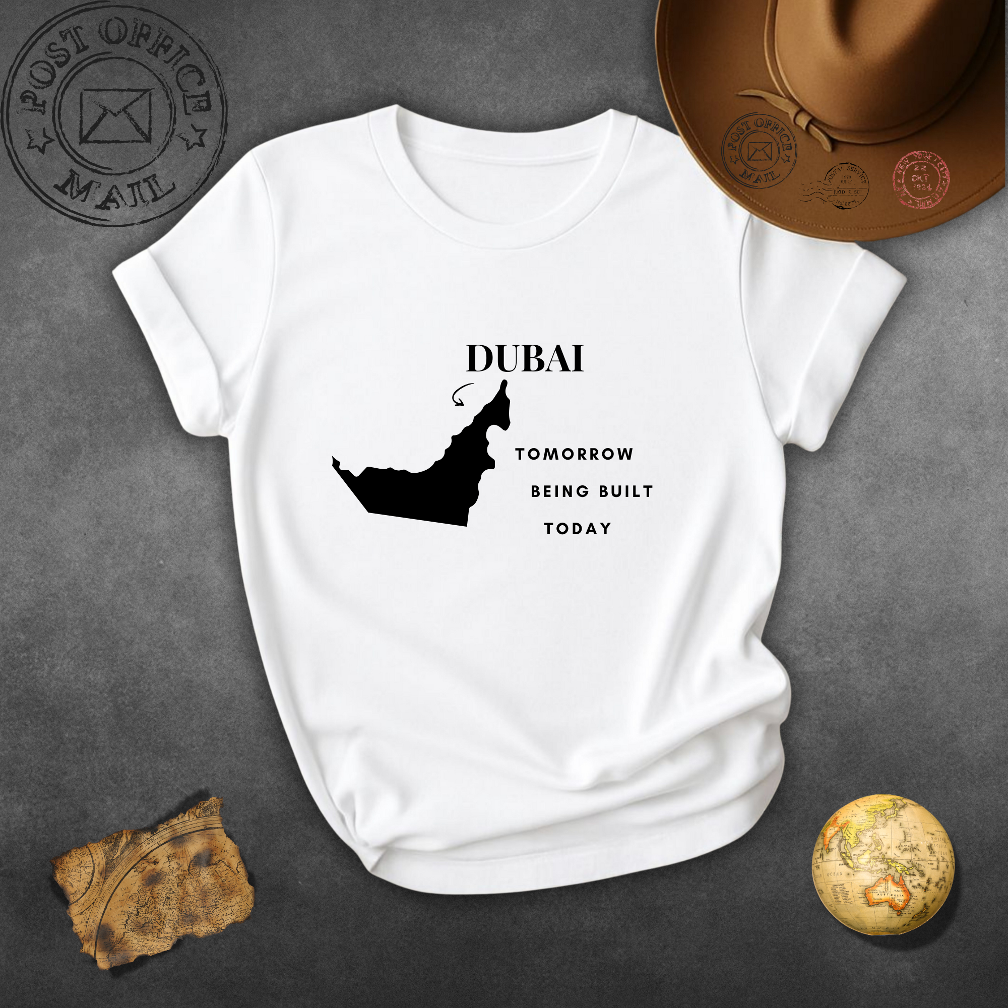 Dubai Map T-Shirt — “Tomorrow Being Built Today” Inspirational Travel Tee