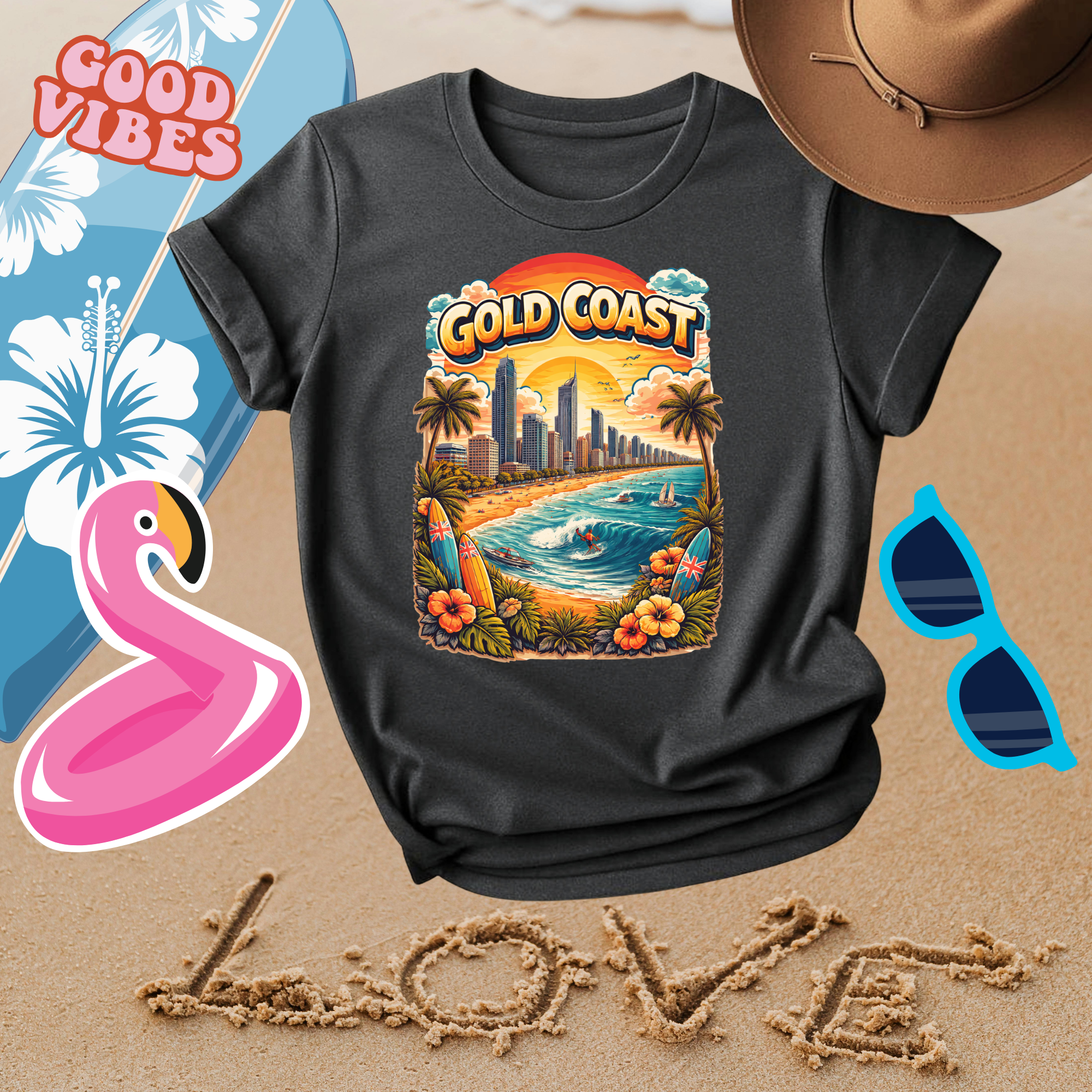 Gold Coast Surf Scene T-Shirt — Retro Beach Sunset Graphic