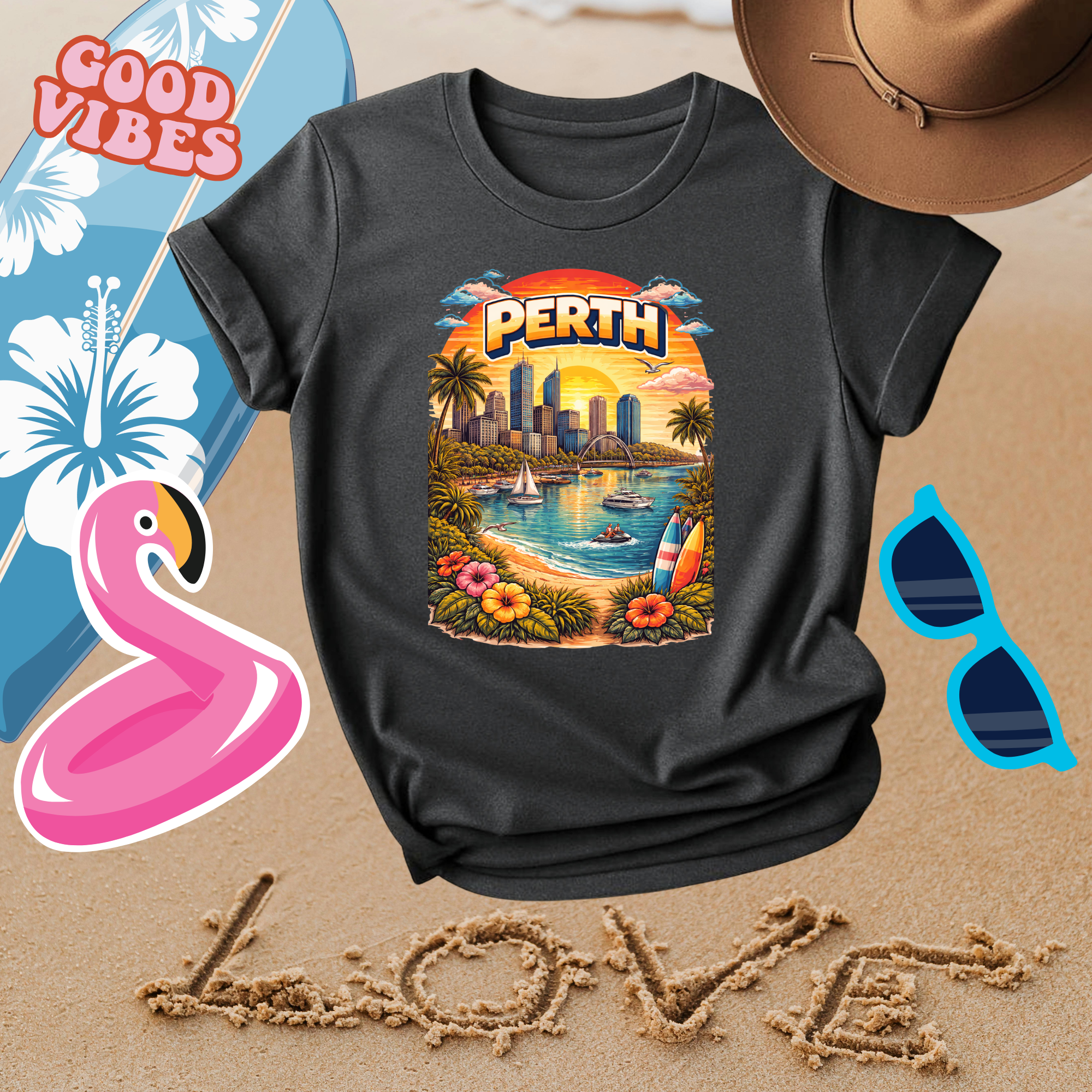 Perth Sunset Beach T-Shirt — Retro Coastal Cityscape Tee