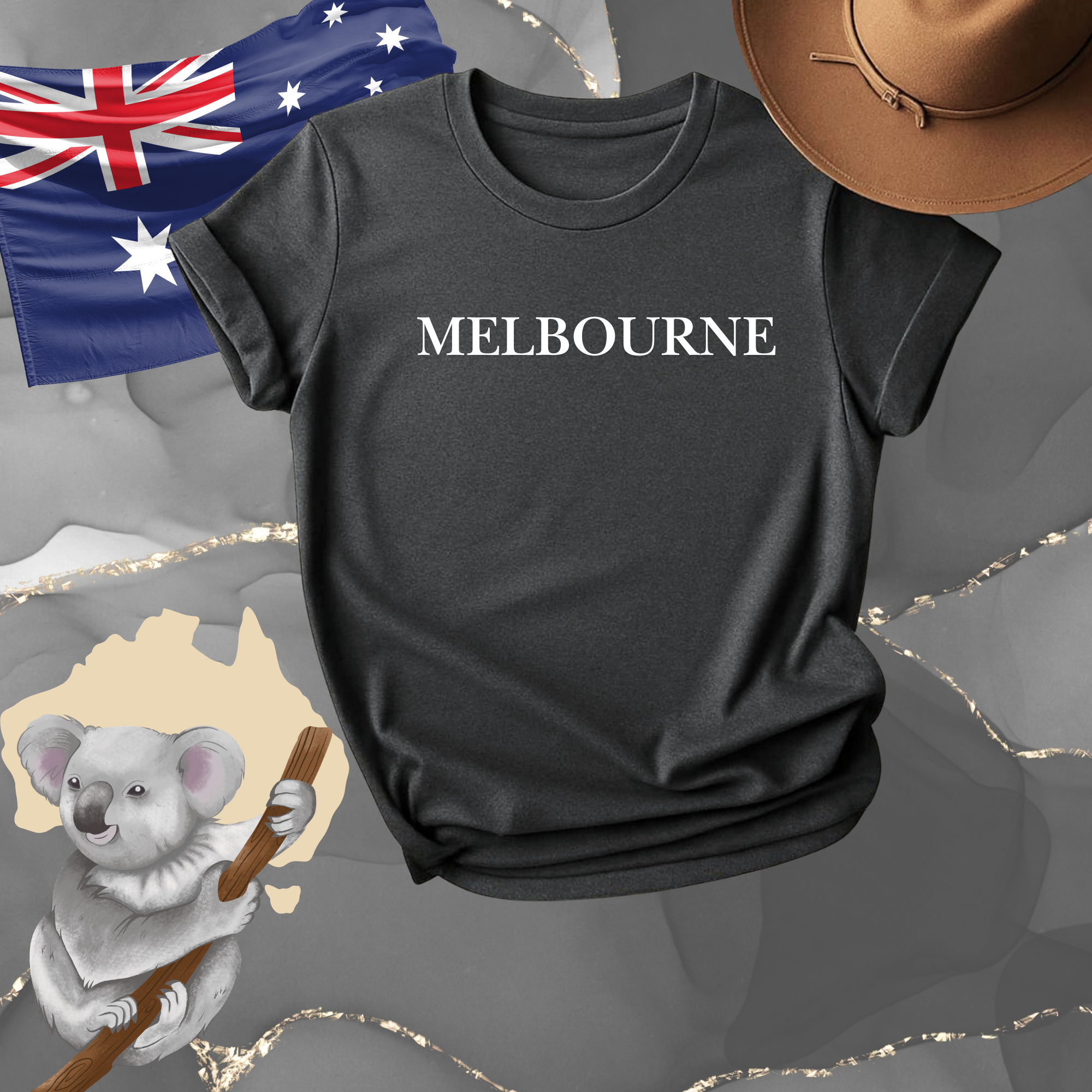 Melbourne City Tee — Minimalist Text Black T-Shirt