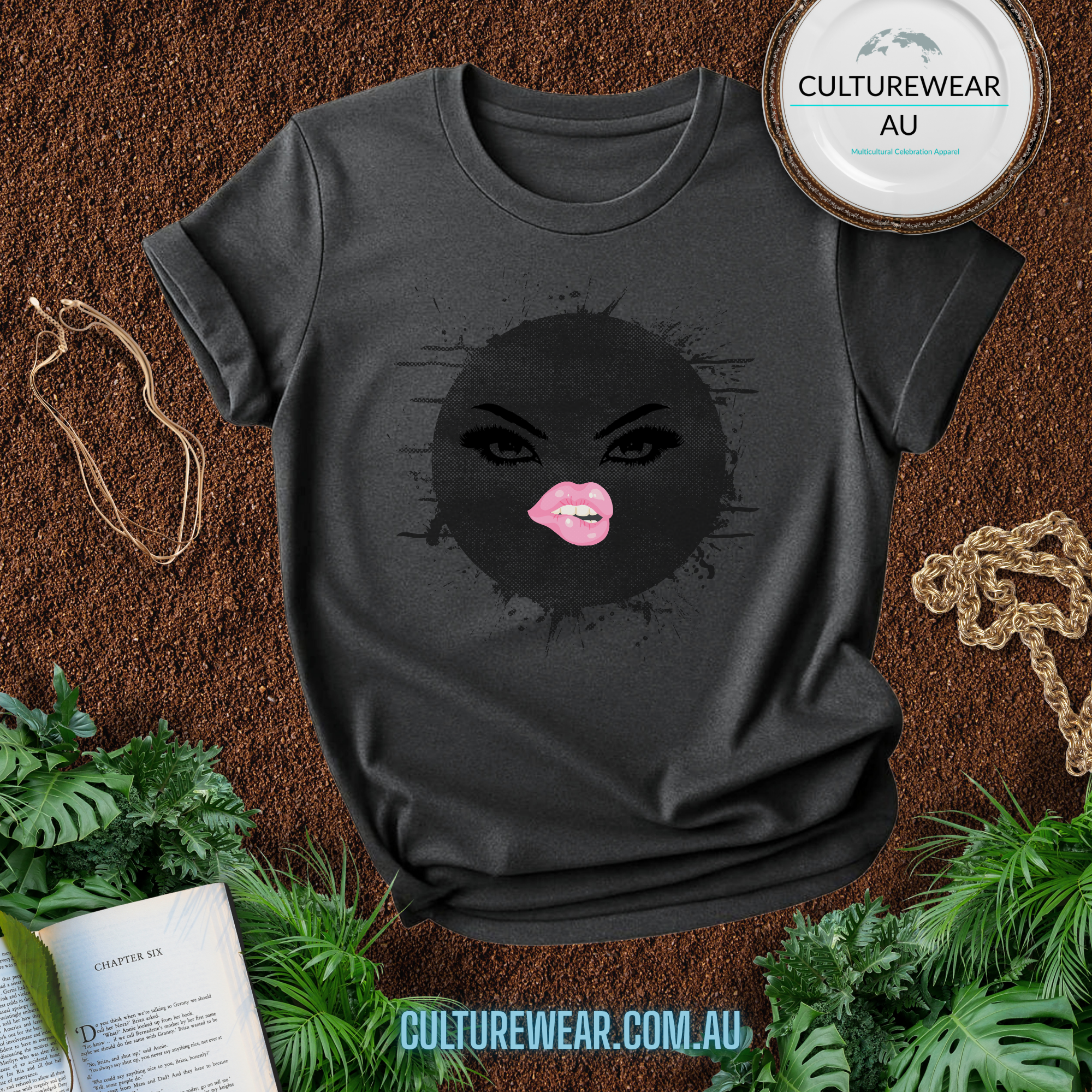 Graphic T-Shirt — Bold Pink Lips & Smoky Eye Face Art