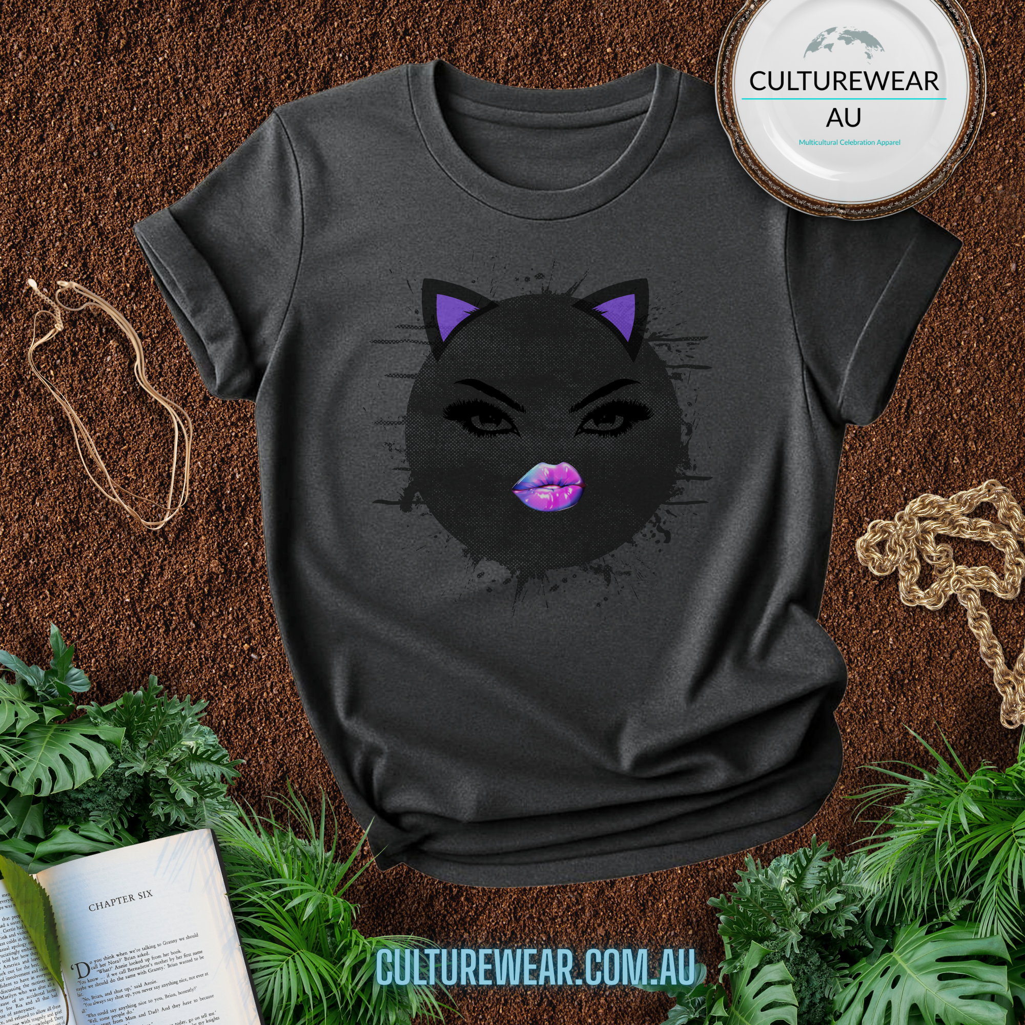 Cat-Eye Glam T-Shirt — Purple Cat Ears & Lip Art Graphic Tee