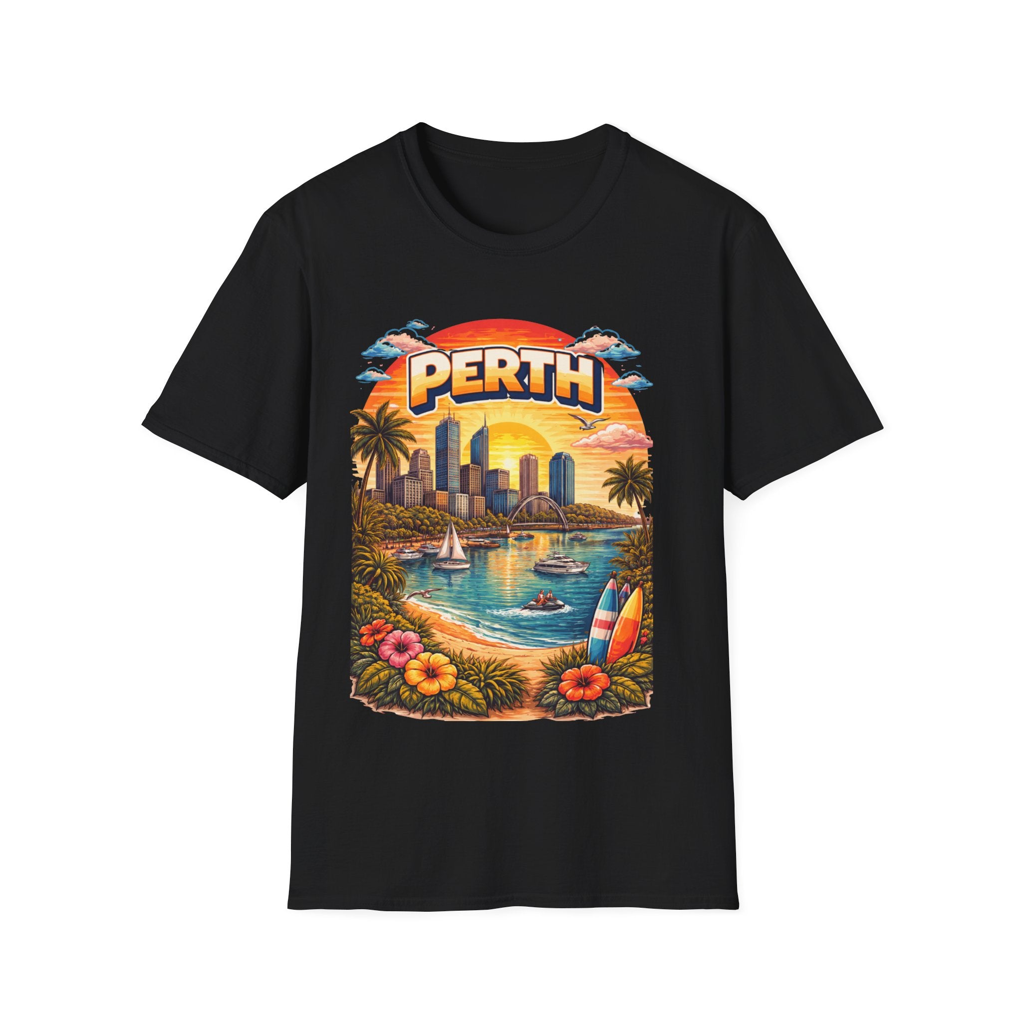 Perth Sunset Beach T-Shirt — Retro Coastal Cityscape Tee
