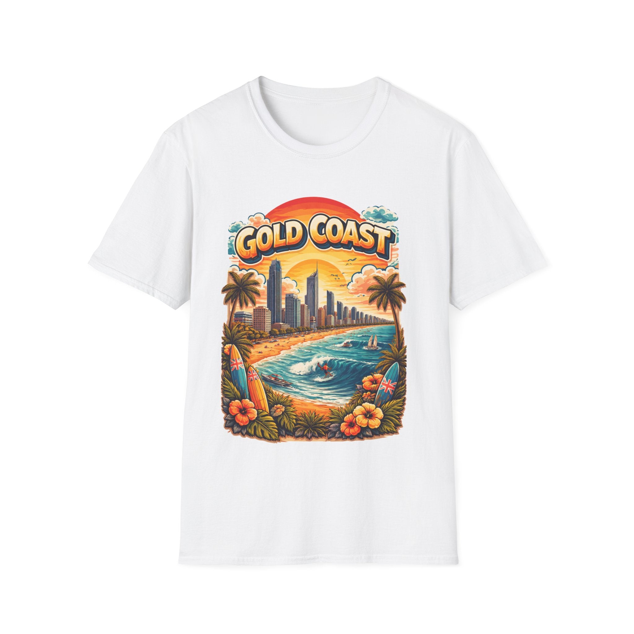 Gold Coast Surf Scene T-Shirt — Retro Beach Sunset Graphic