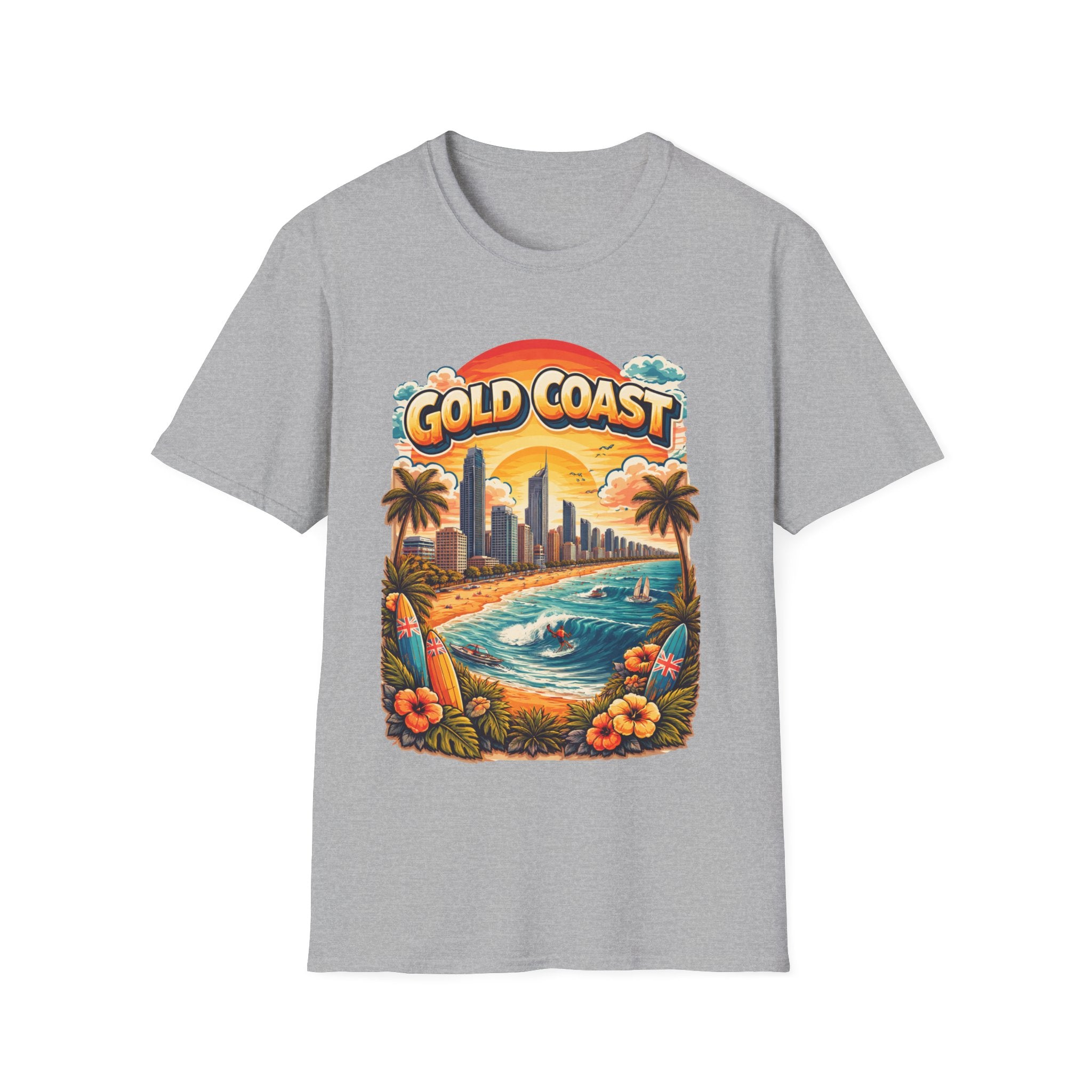 Gold Coast Surf Scene T-Shirt — Retro Beach Sunset Graphic