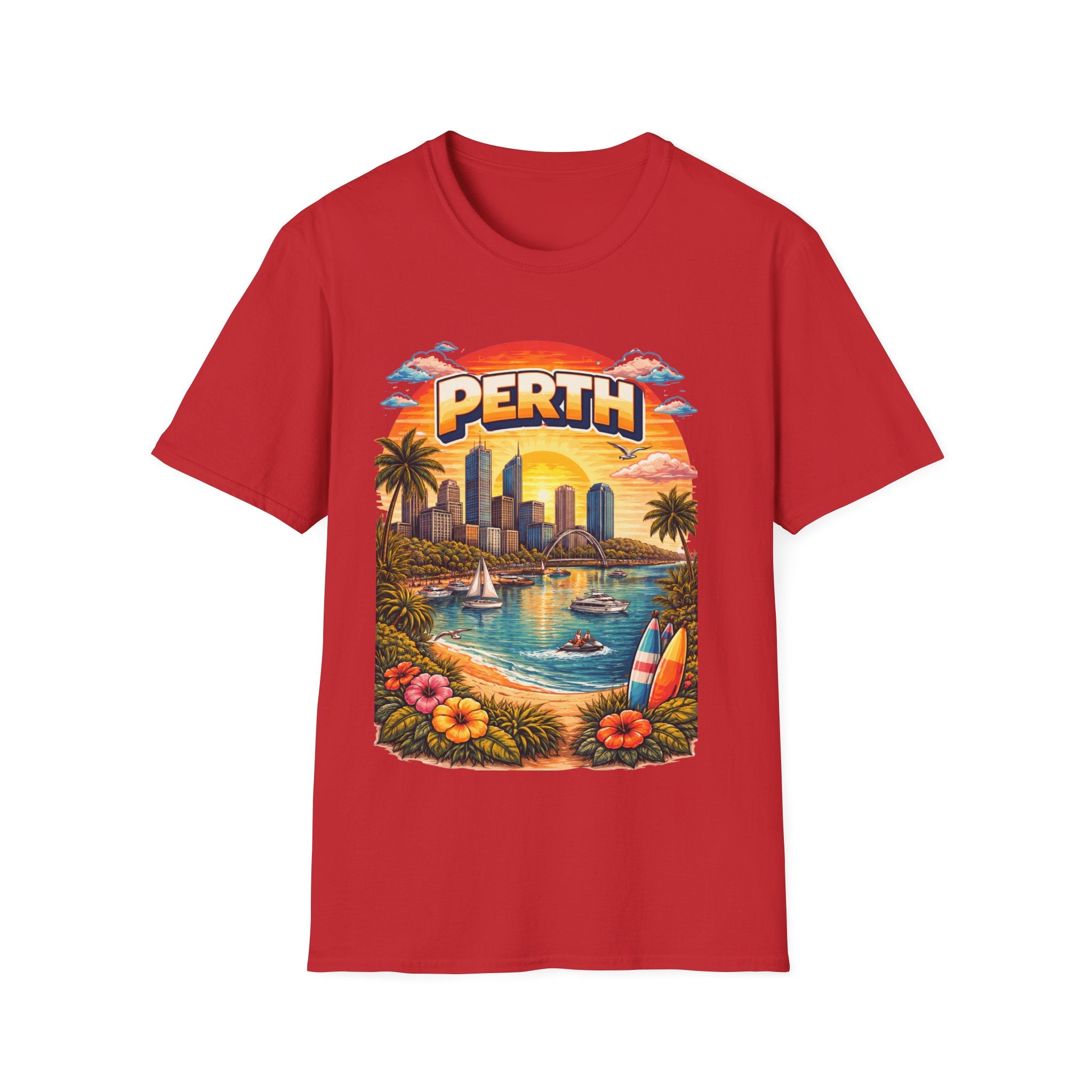 Perth Sunset Beach T-Shirt — Retro Coastal Cityscape Tee