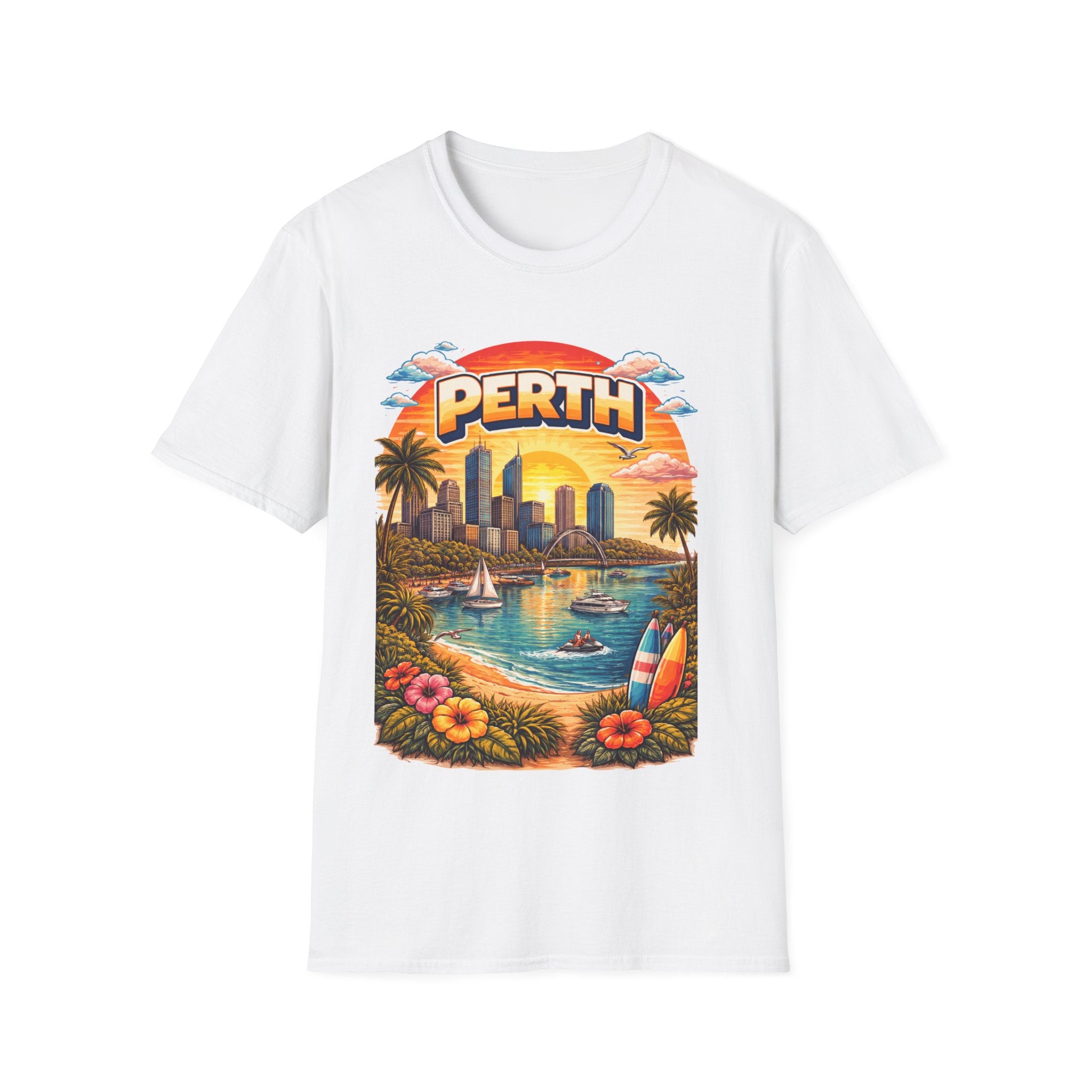 Perth Sunset Beach T-Shirt — Retro Coastal Cityscape Tee