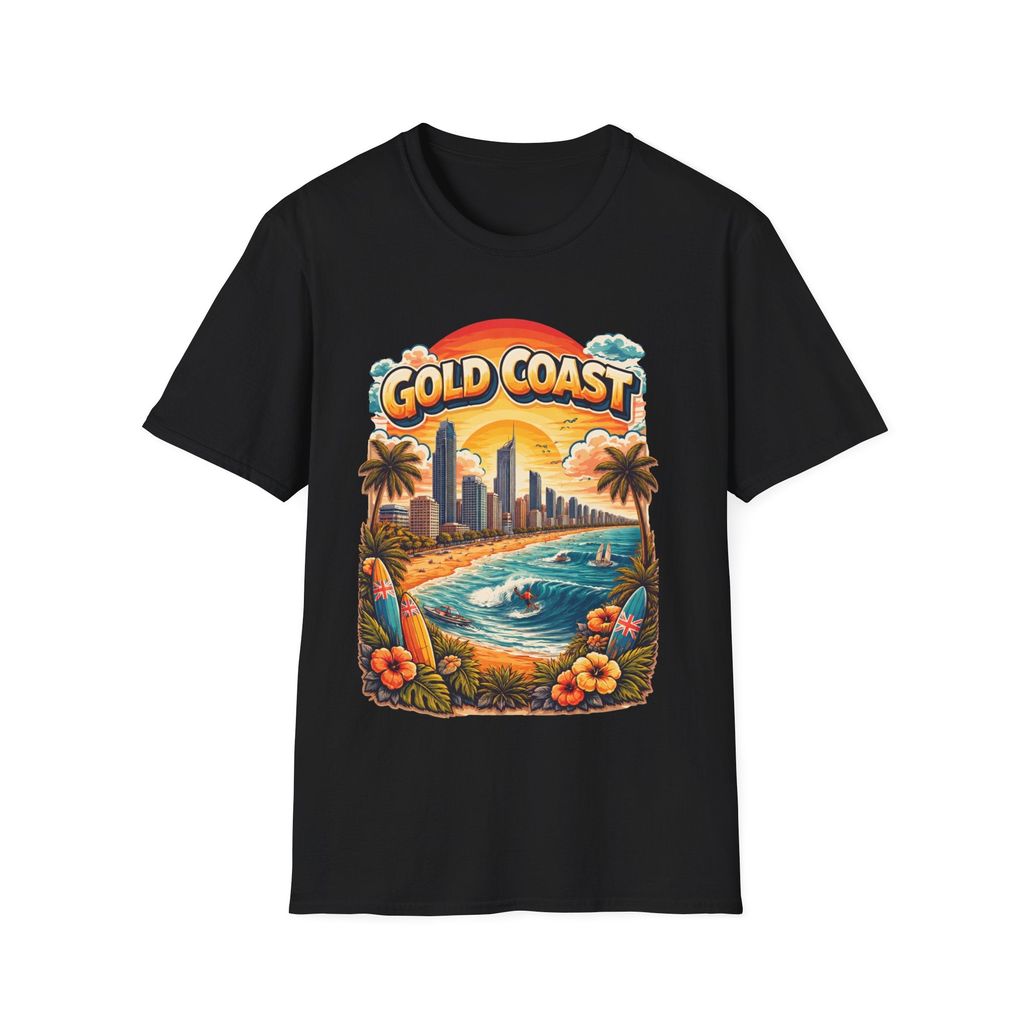 Gold Coast Surf Scene T-Shirt — Retro Beach Sunset Graphic