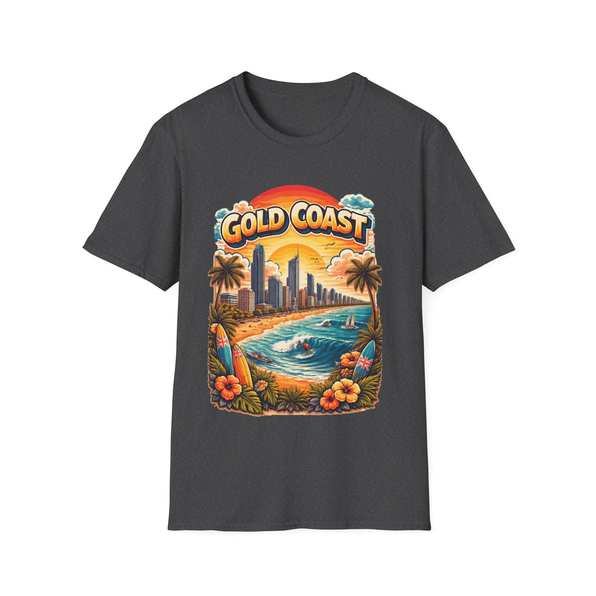 Gold Coast Surf Scene T-Shirt — Retro Beach Sunset Graphic