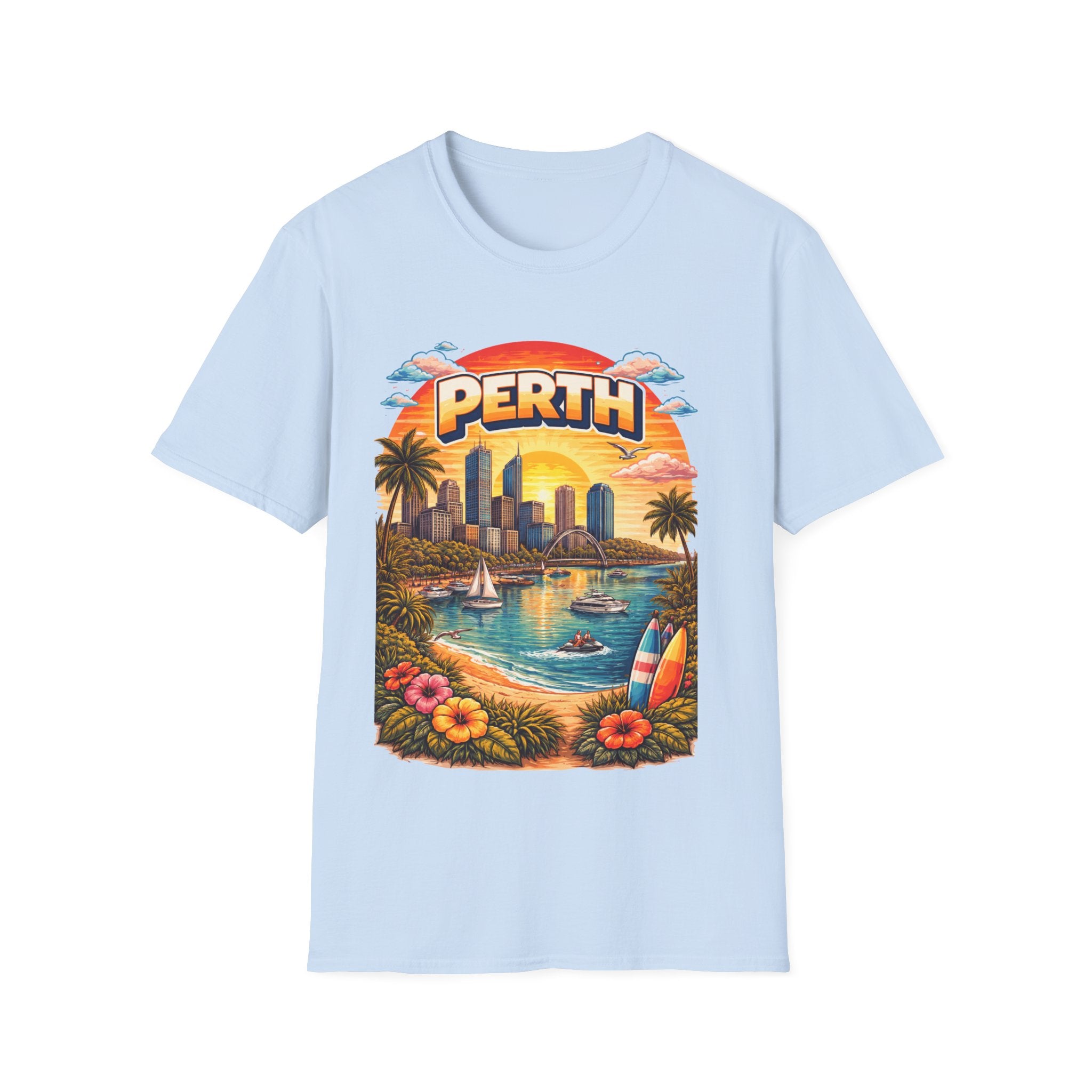 Perth Sunset Beach T-Shirt — Retro Coastal Cityscape Tee