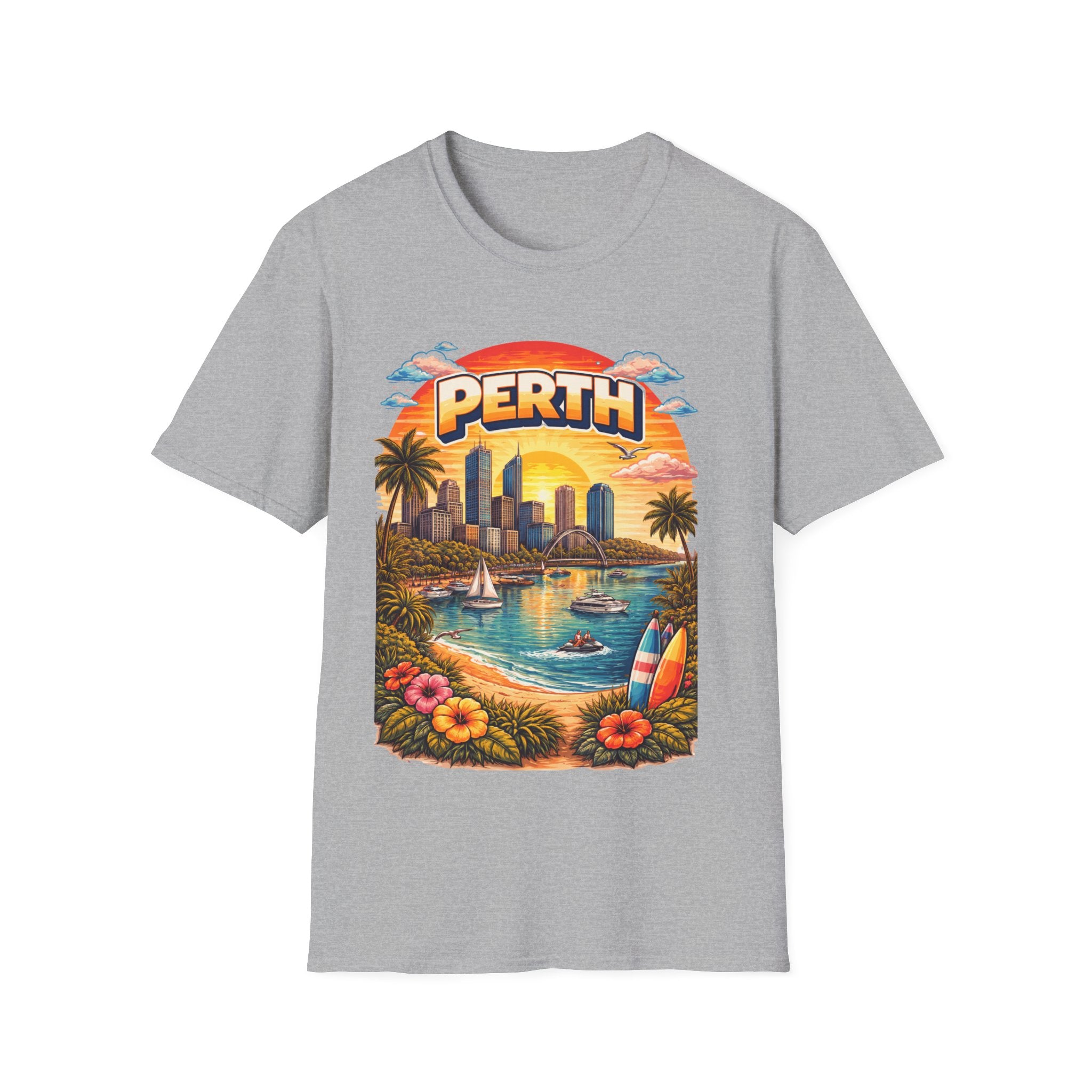 Perth Sunset Beach T-Shirt — Retro Coastal Cityscape Tee